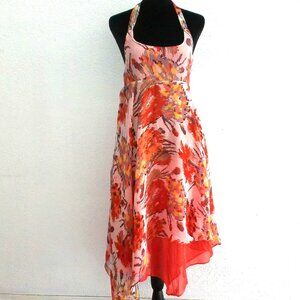 Shulami, Orange floral high-low Halter, zipper on side
